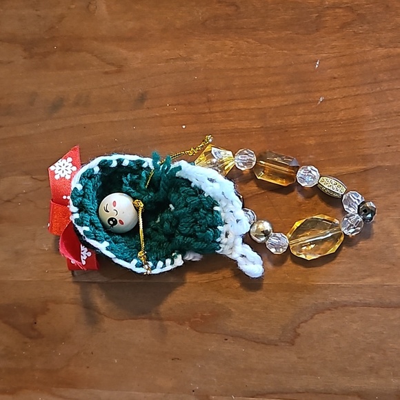 HAND CRAFTED crochet ornament holiday decor Handmade Upcycled materials green 7" - Picture 3 of 17